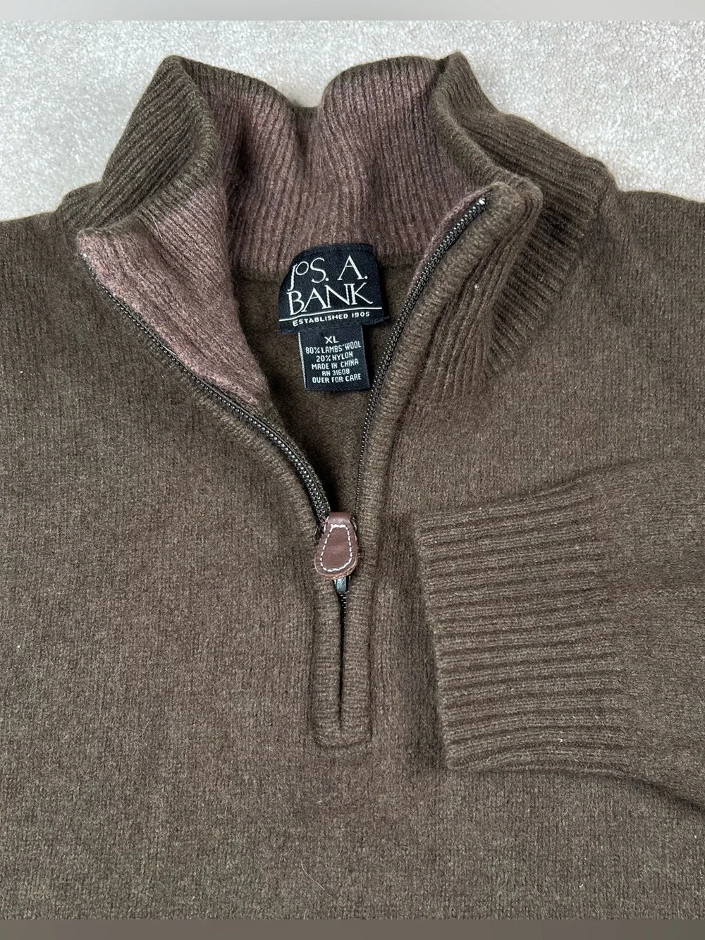 Jos A Bank Sweater Brown Quarter Zip LambsWool Blend Men's XL